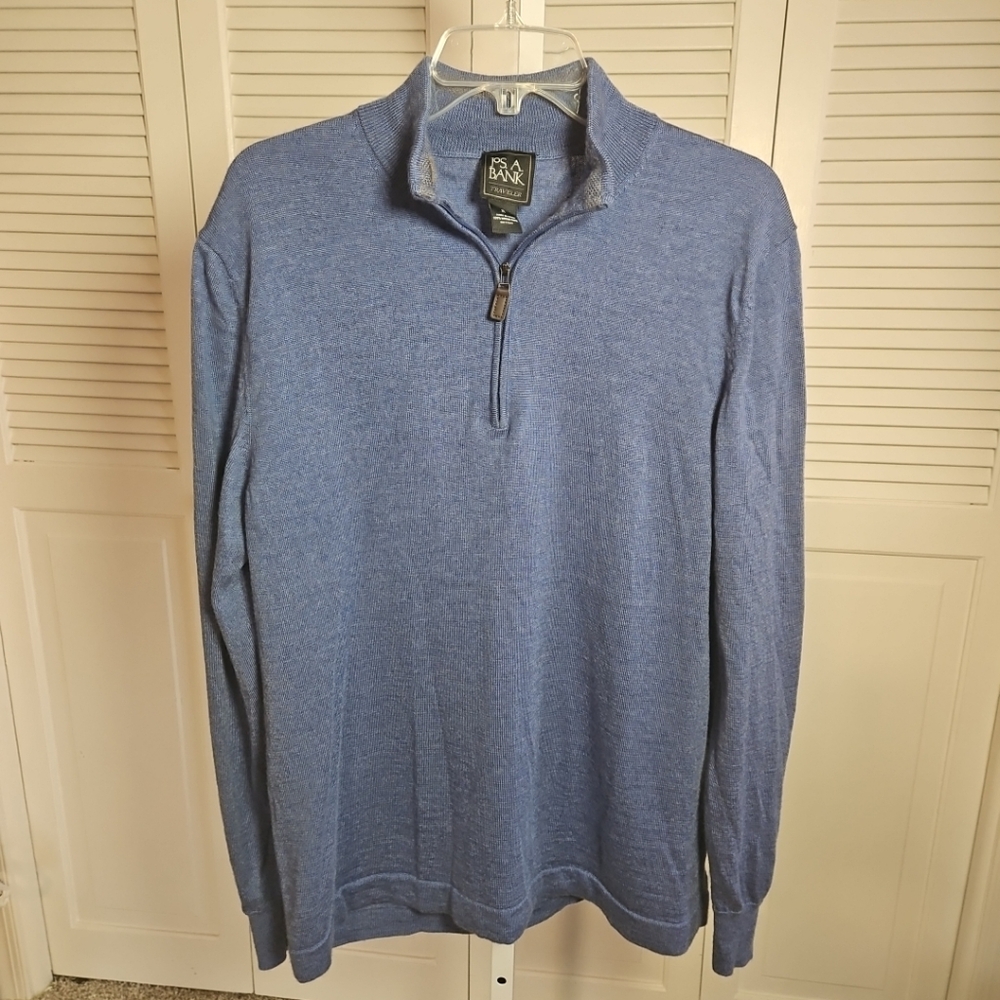Jos A Banks XL Traveler Collection Pine Grove Blue Merino Wool 1/4 Zip Sweater